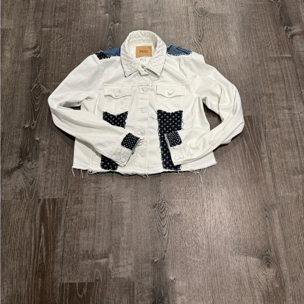 One of a Kind Upcycled PAIGE White Denim Jacket | Sashiko Boro Patchwork